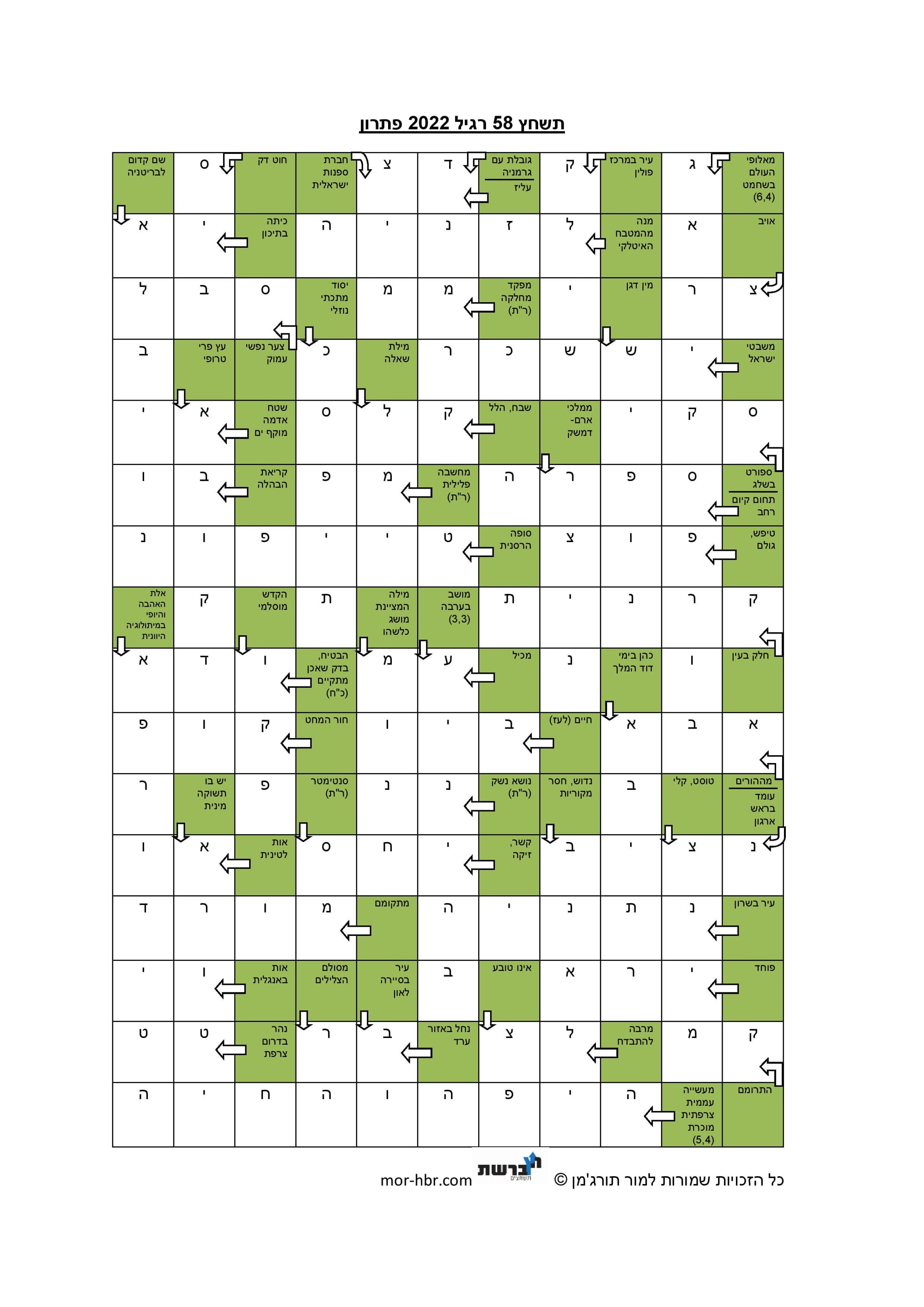 תשחץ 58 רגיל 2022 פתרון