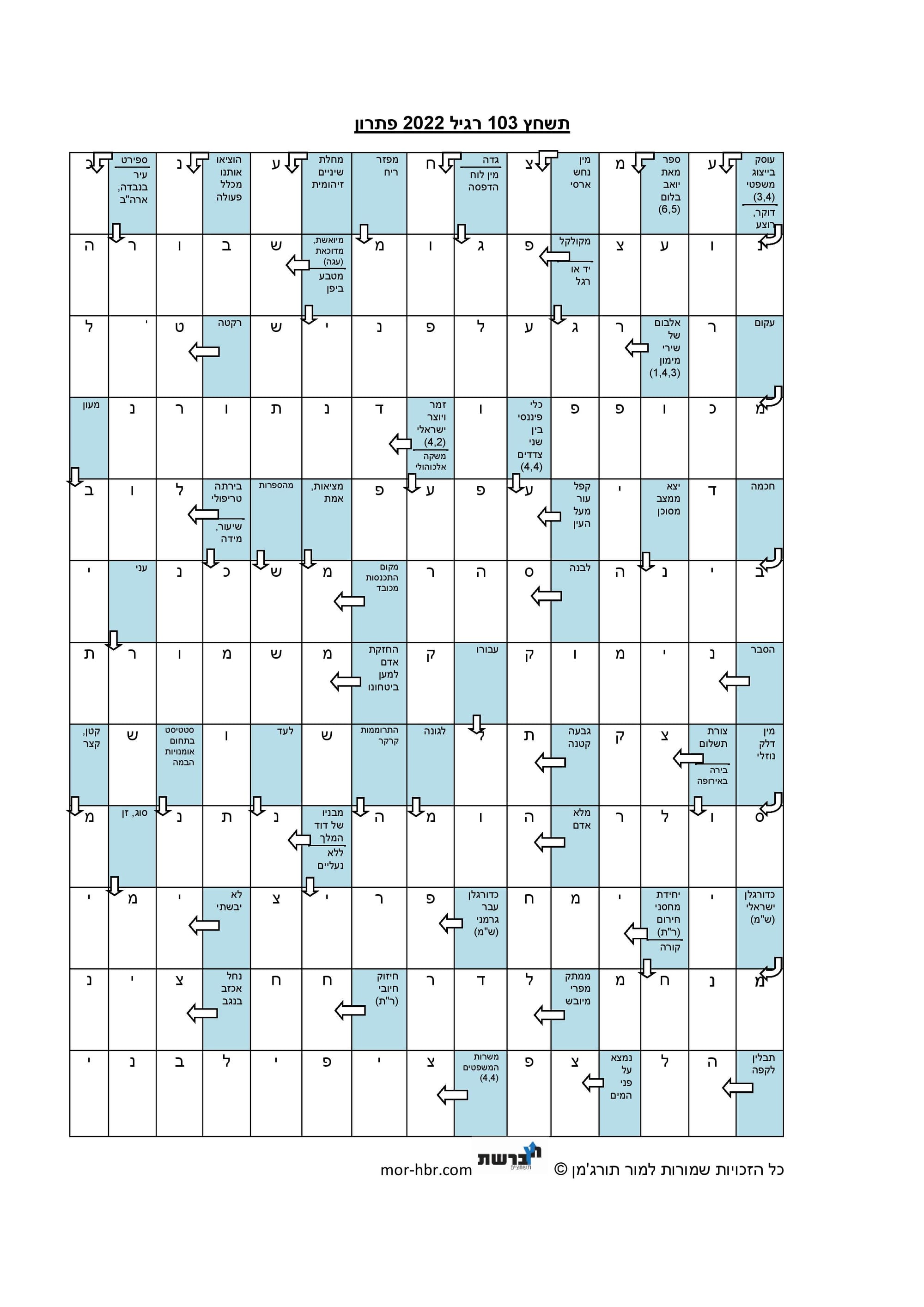 תשחץ 103 רגיל 2022 פתרון