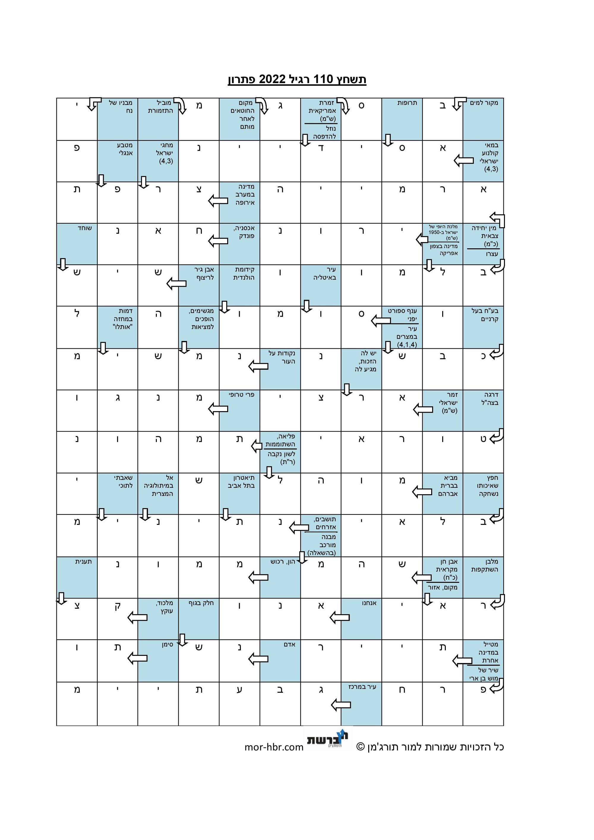 תשחץ 110 רגיל 2022 פתרון