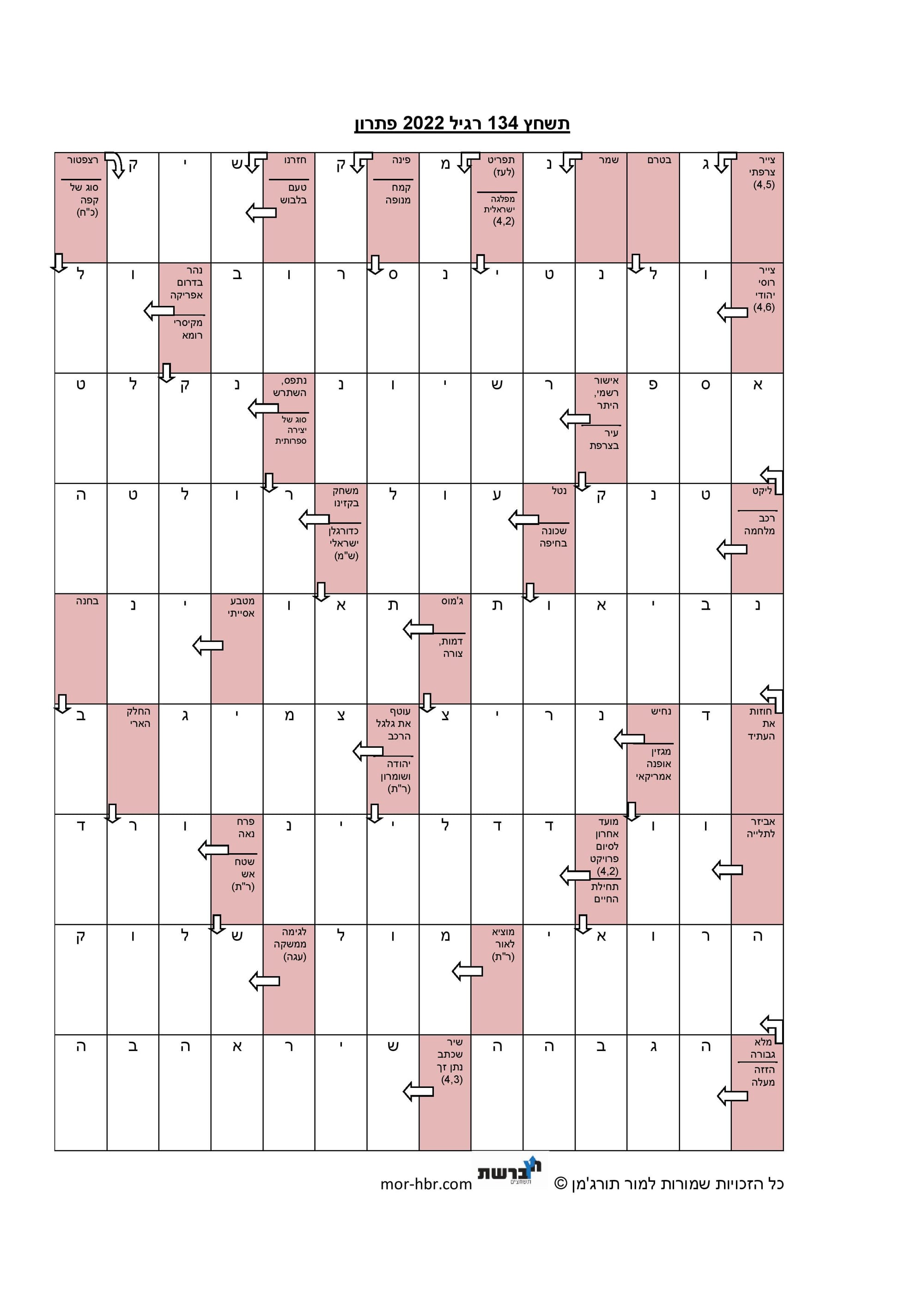 תשחץ 134 רגיל 2022 פתרון
