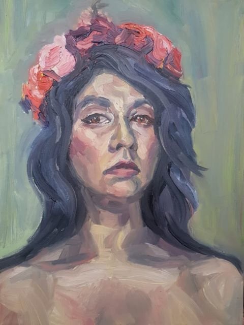 Self portrait with Floral Headdress (after William Morris)