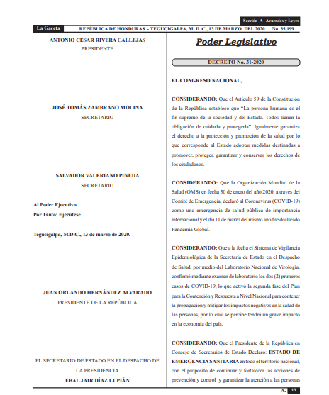Decreto 31- 2020 Ley Especial de Aceleración Económica y Protección Social frente a los Efectos del COVID-19