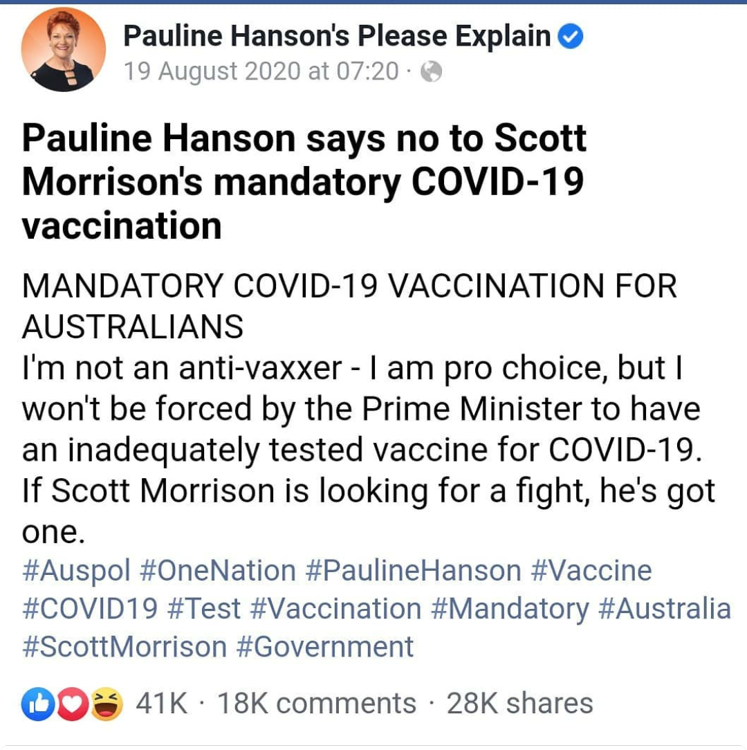 Pauline Hanson says no to Scott Morrisons mandatory COVID19 vaccination