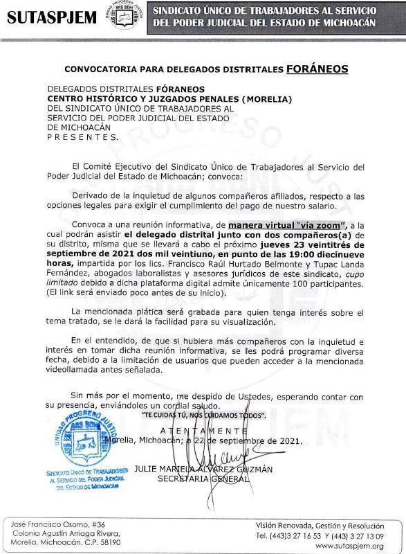 Reunión Informativa respecto a las opciones legales para exigir el cumplimiento del pago de nuestro salario.