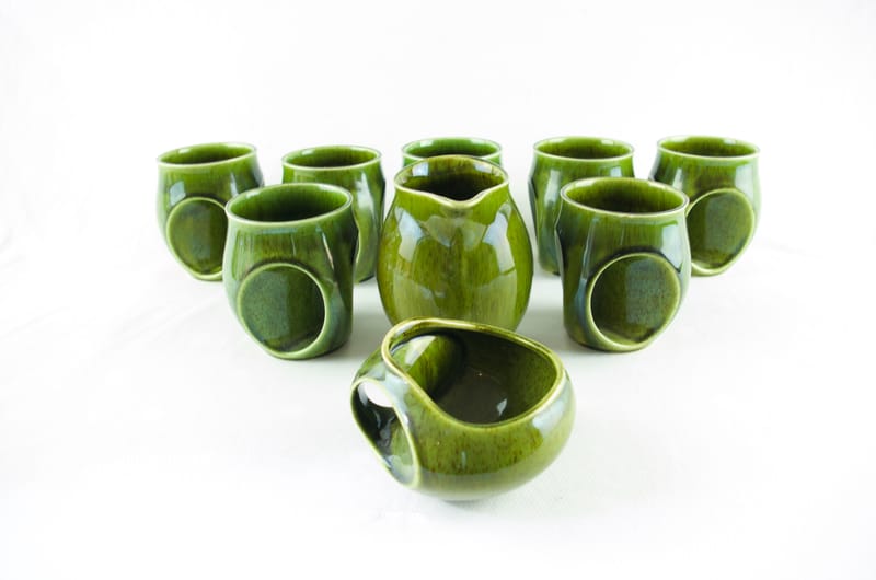 HOLKHAM POTTERY GREEN OWL EYE COFFEE/TEA SET - 1960/70'S