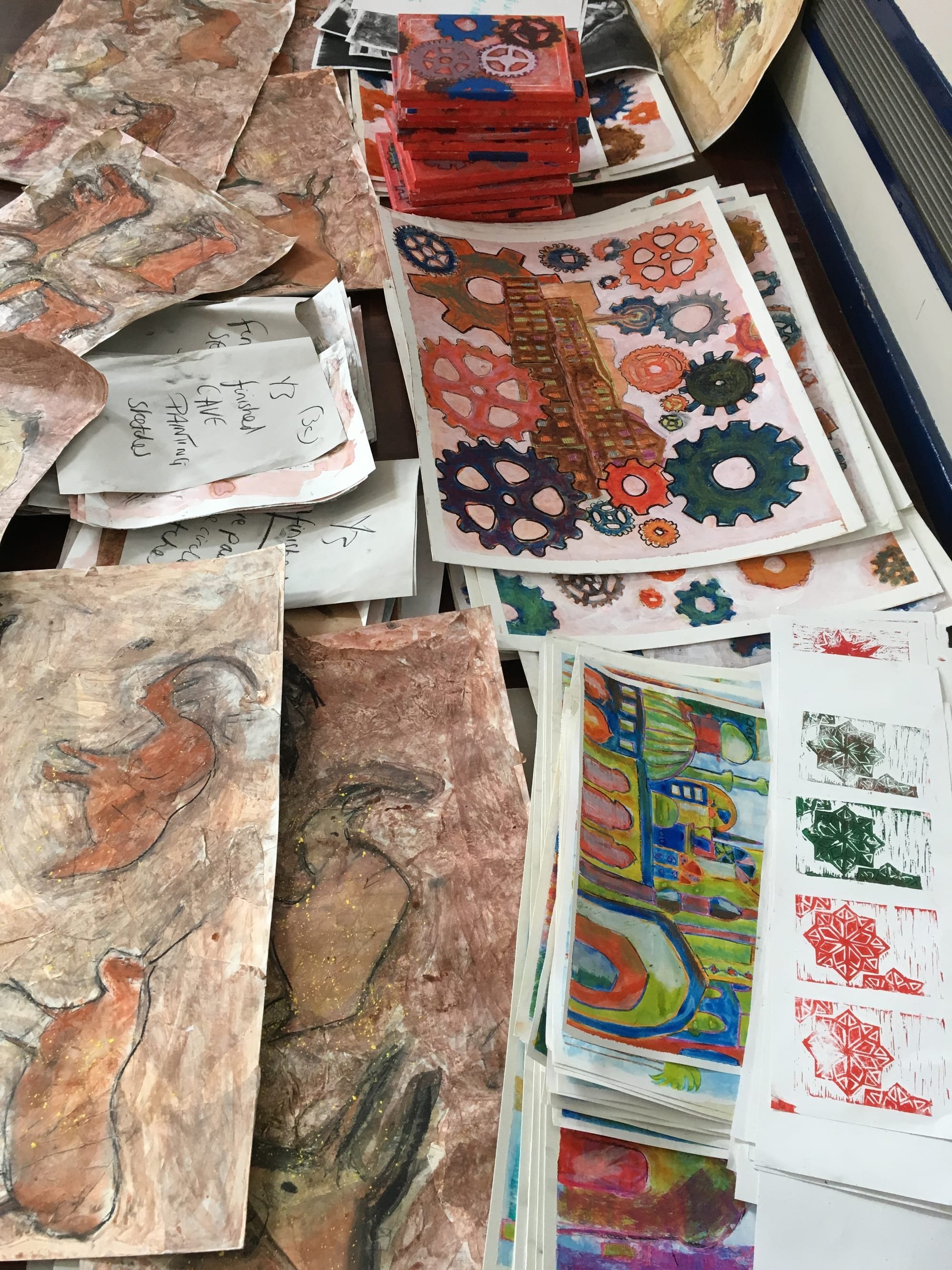 Piles of artwork from working with a school for a week!