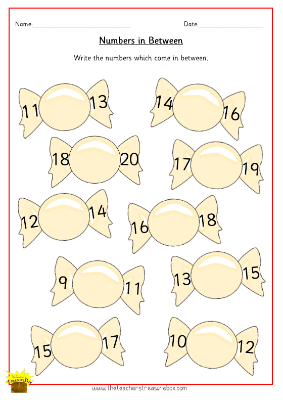 Numbers 11-20 in Between on Sweets Worksheet