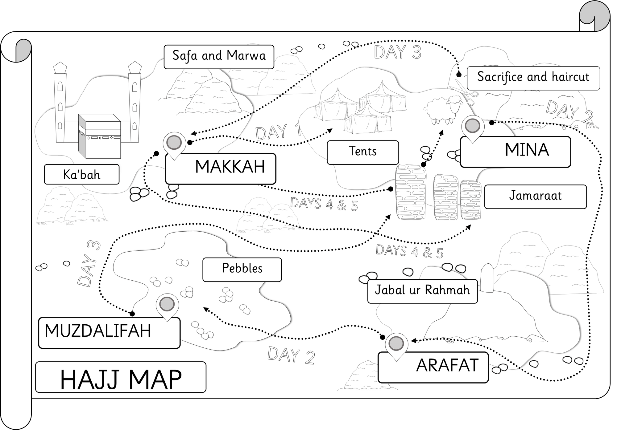 Hajj Map Display Poster in Black and White