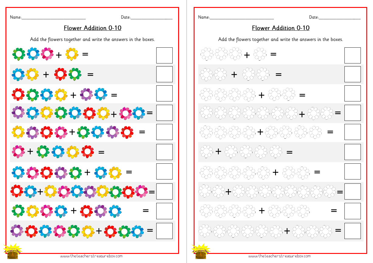 Flowers Addition Worksheet 0-10