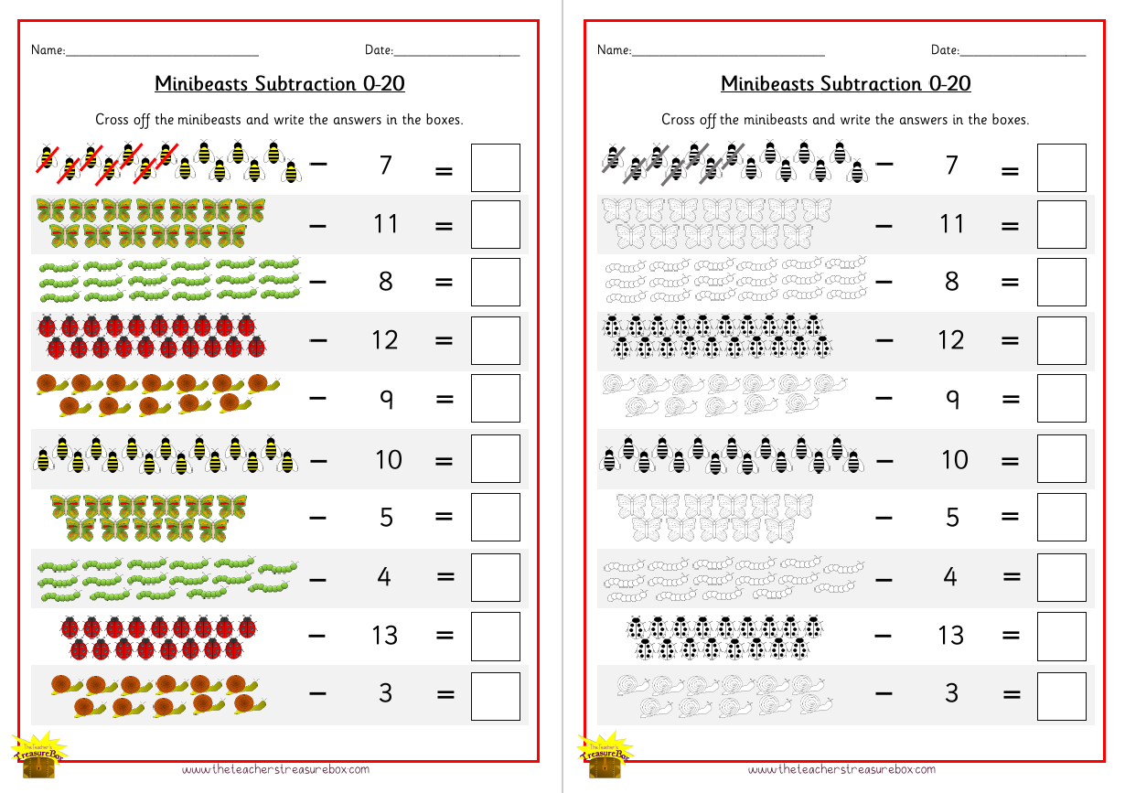 Minibeasts Subtraction Worksheet 0-20