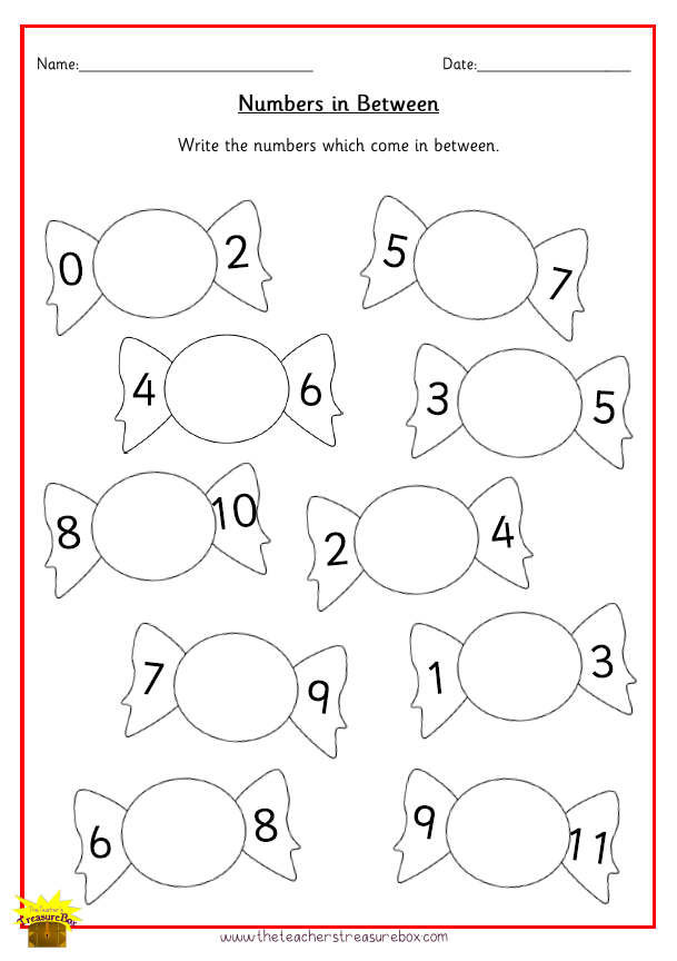 Numbers 0-10 in Between on Sweets Worksheet Black and White