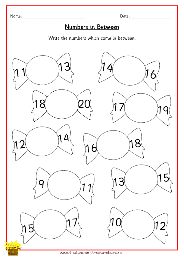 Numbers 0-20 in Between on Sweets Worksheet Black and White