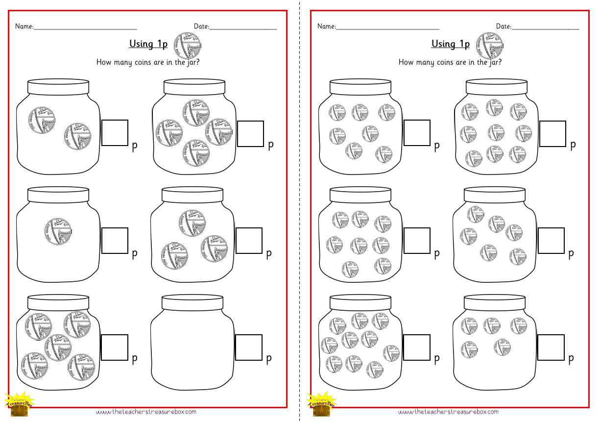 Count the coins in the jar Worksheet Using 1p