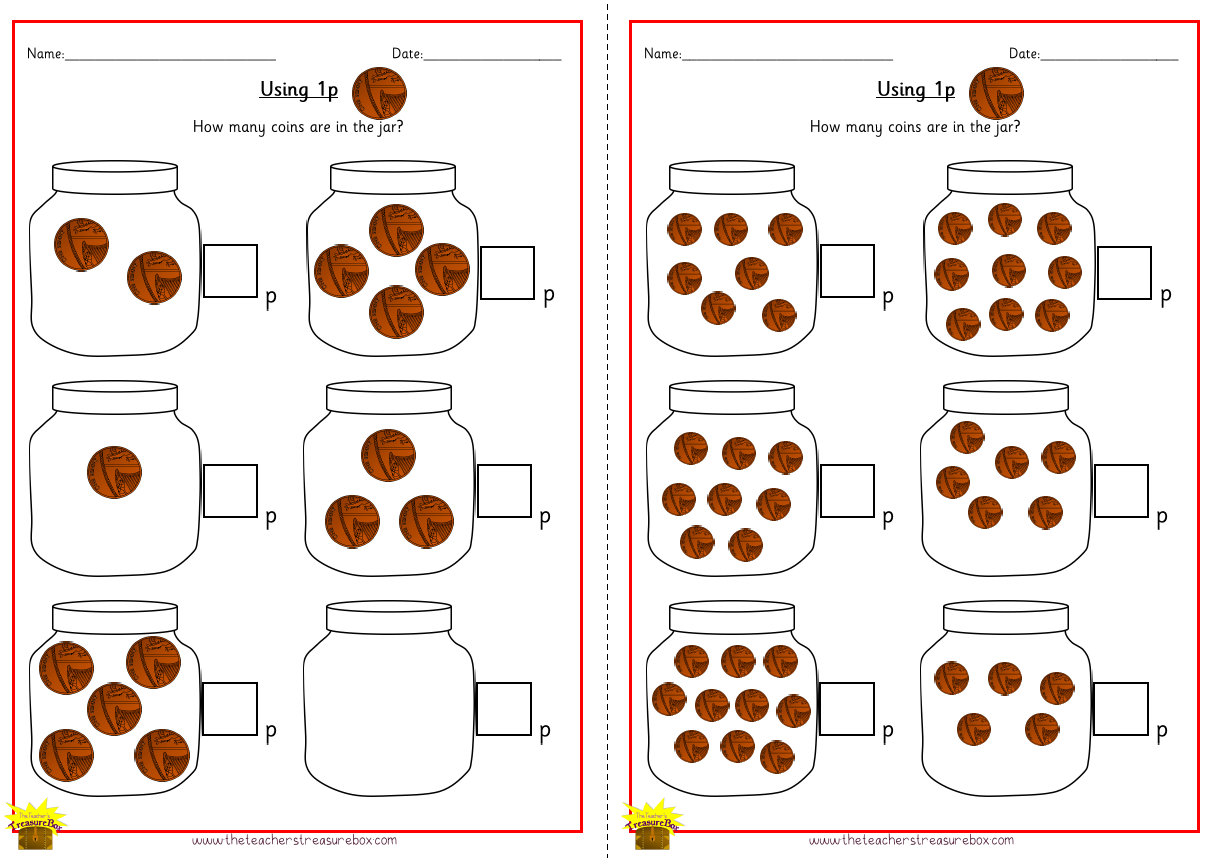 Count the coins in the jar Worksheet Using 1p - Colour Version