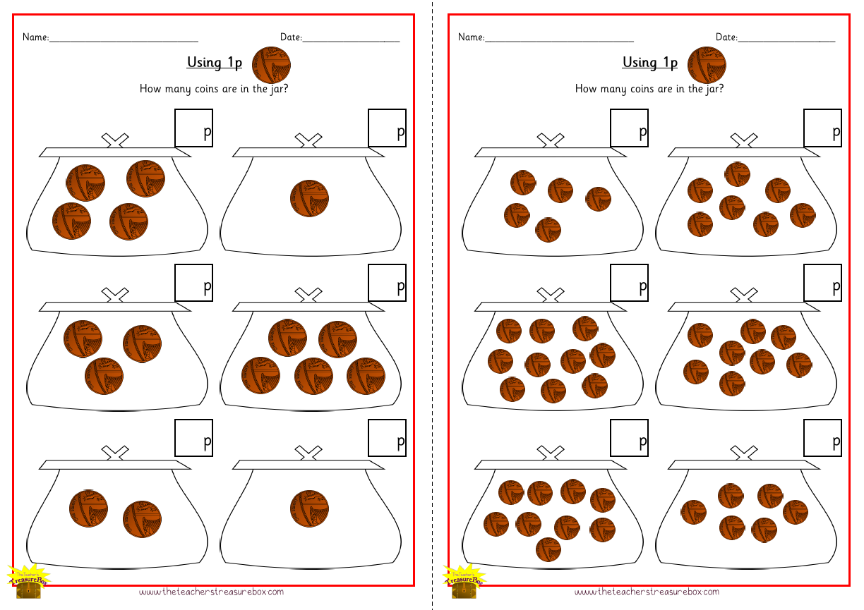 Count the coins in the purse Worksheet Using 1p - Colour Version