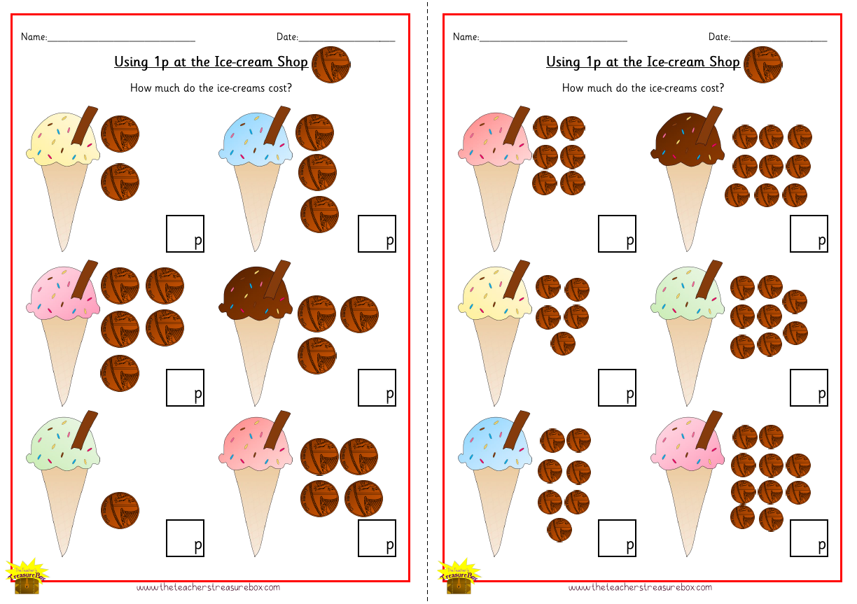 Ice Cream Shop using 1p Worksheet - Colour Version