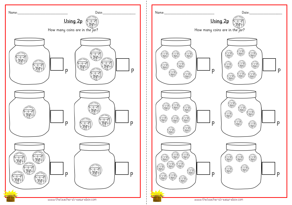 Count the coins in the jar Worksheet Using 2p