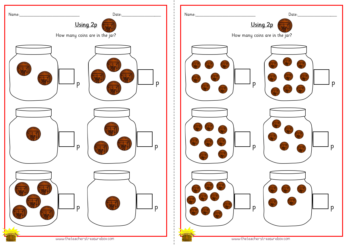 Count the coins in the jar Worksheet Using 2p - Colour Version