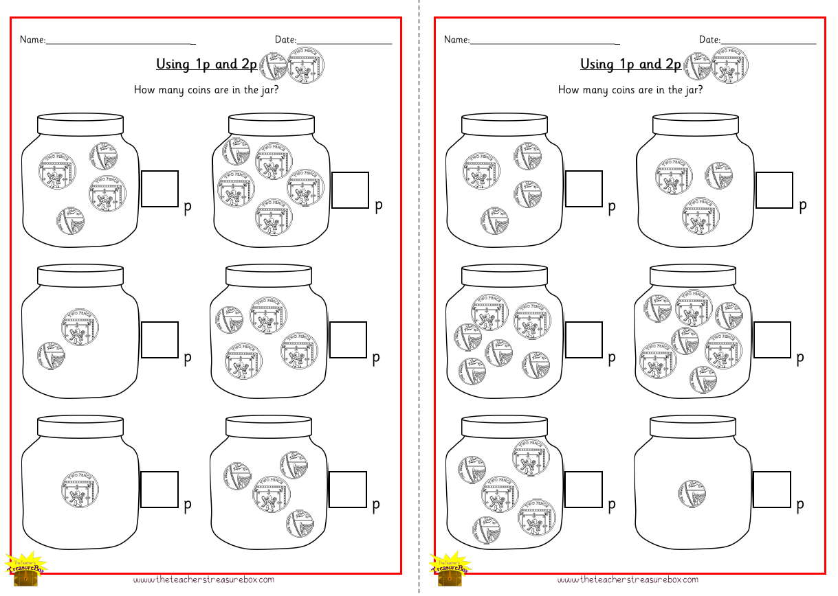Count the coins in the jar Worksheet Using 1p and 2p