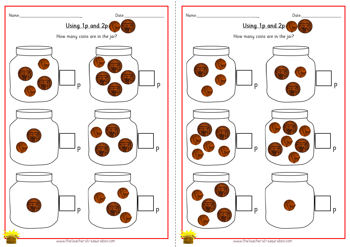 Count the coins in the jar Worksheet Using 1p and 2p - Colour Version