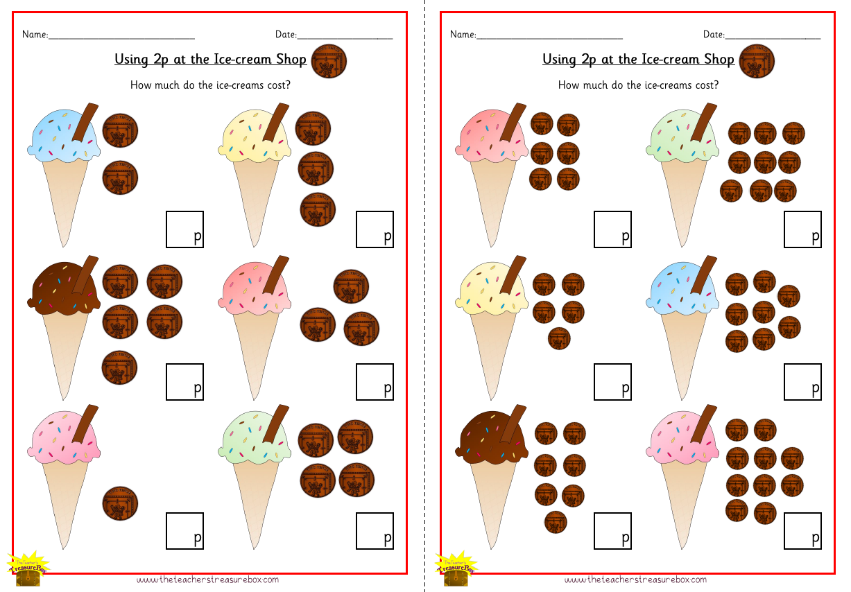 Ice Cream Shop using 2p Worksheet - Colour Version