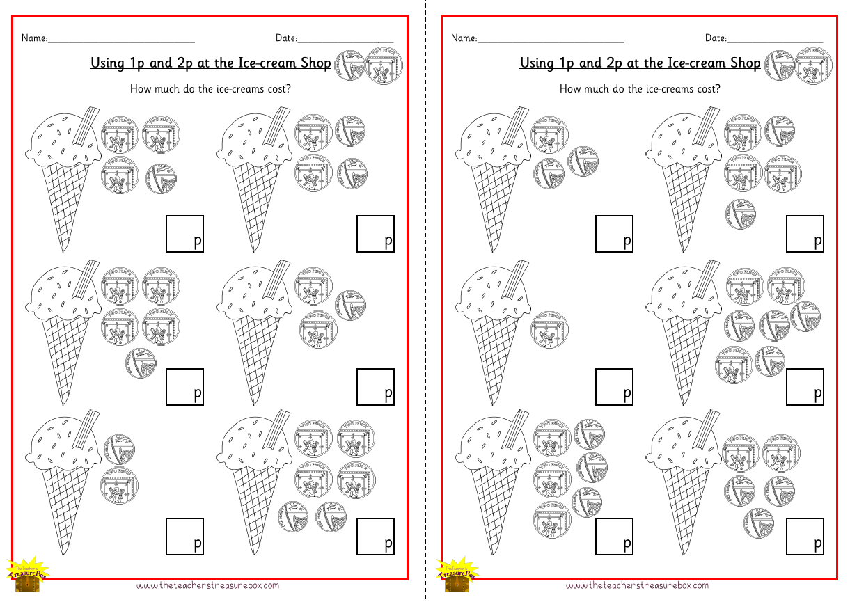 Ice Cream Shop using 1p and 2p Worksheet