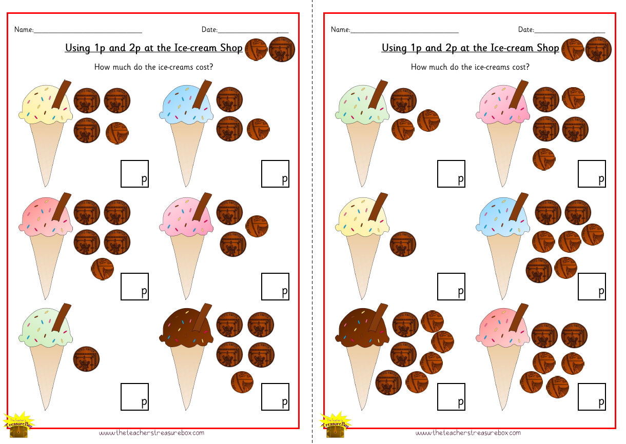 Ice Cream Shop using 1p and 2p Worksheet - Colour Version