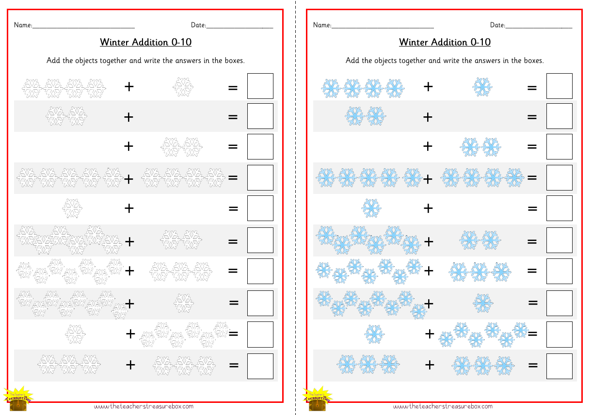 Winter Addition Worksheet 0-10