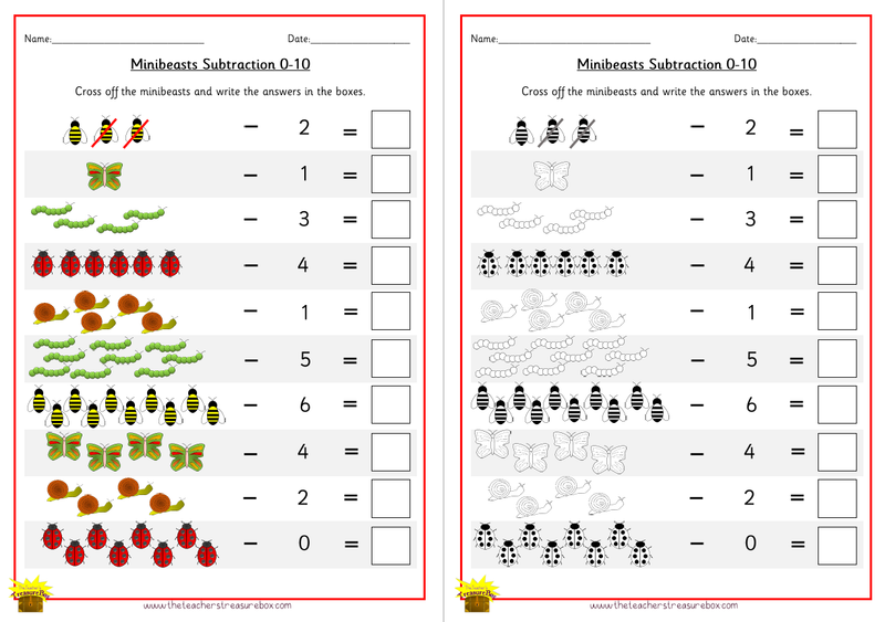 Minibeasts Subtraction Worksheet 0-10