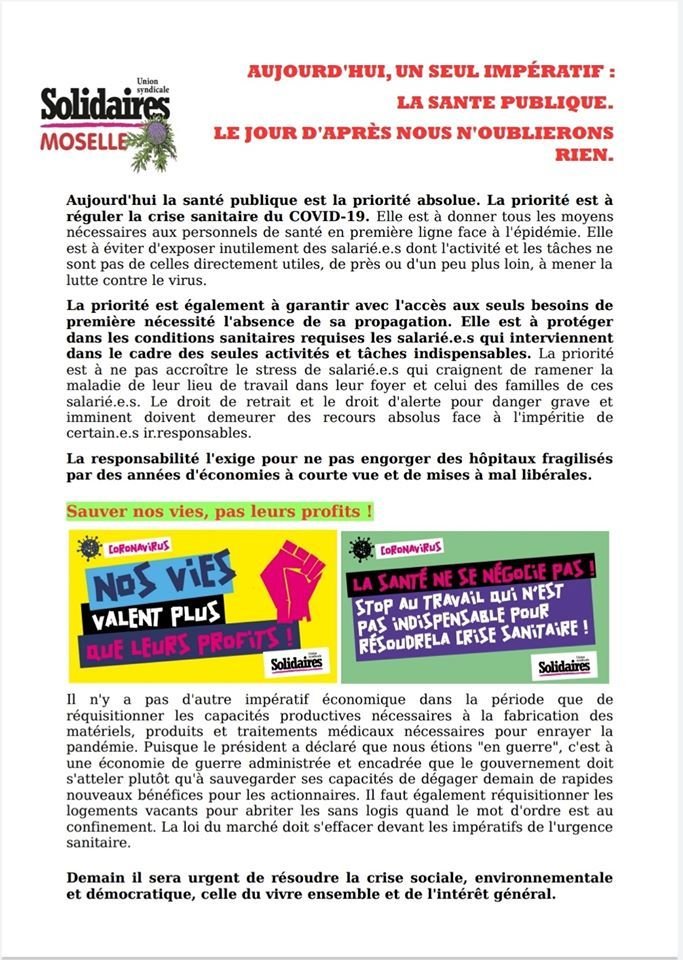 Expression Solidaires Moselle : AUJOURD'HUI, UN SEUL IMPÉRATIF : LA SANTE PUBLIQUE. LE JOUR D'APRÈS NOUS N'OUBLIERONS RIEN.
