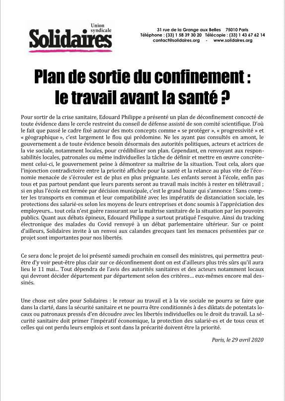 Plan de sortie du confinement : le travail avant la santé ?