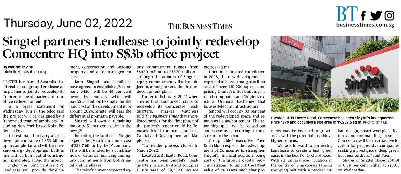 BT 2 Jun 2022 - Singtel partners Lendlease to jointly redevelop Commerce HQ into S$3b office project