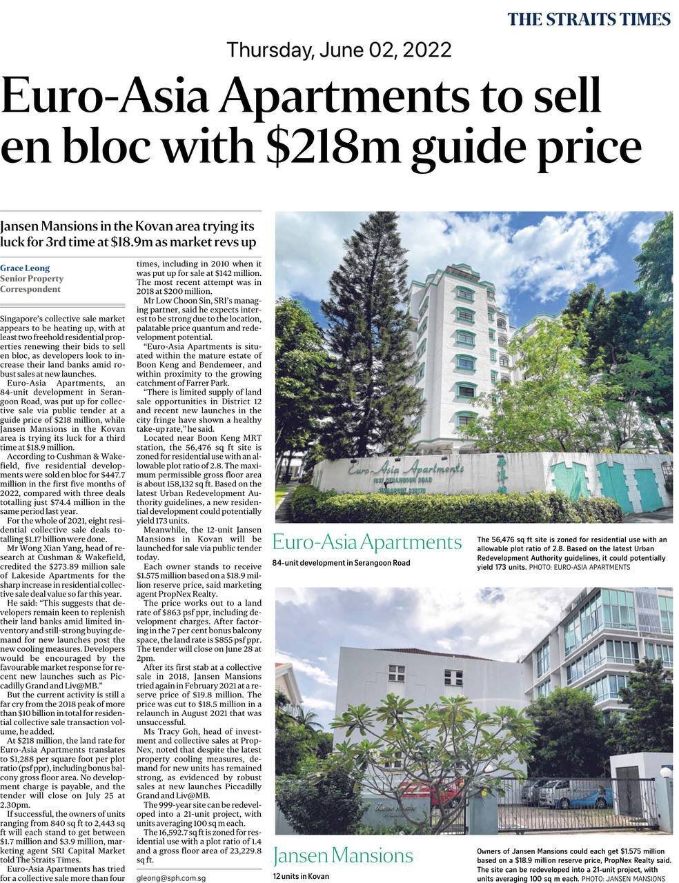 ST 2 Jun 2022 - Euro-Asia Apartments to sell en bloc with $218m guide price