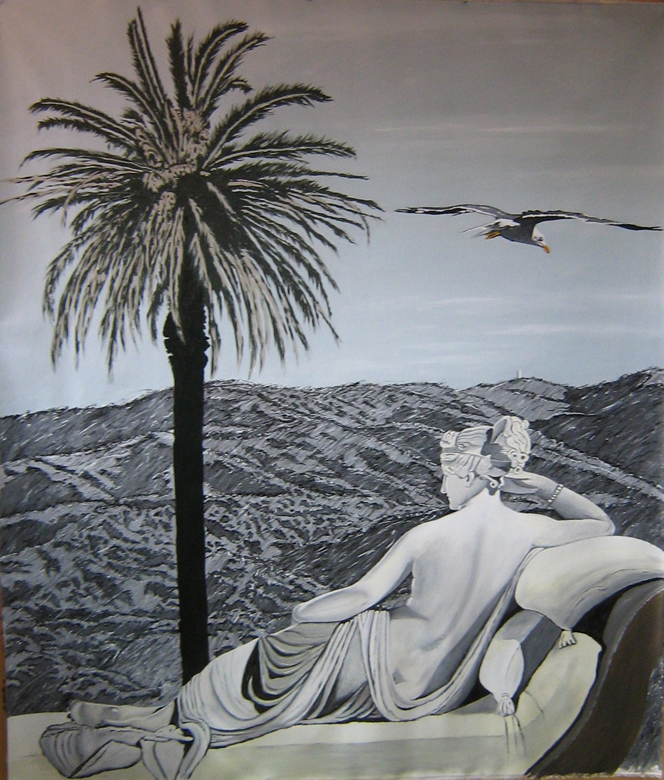 "PAOLINA, THE HILLS, THE BIRD AND THE PALM TREE". 2008. Acrilic on canvas. cm.210x180