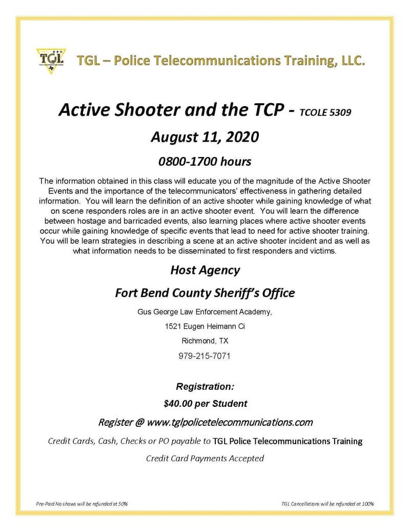 *CANCELLED* Pre Sch 08-11-20 Active Shooter and the TCP - TCOLE 5309 (RICHMOND)