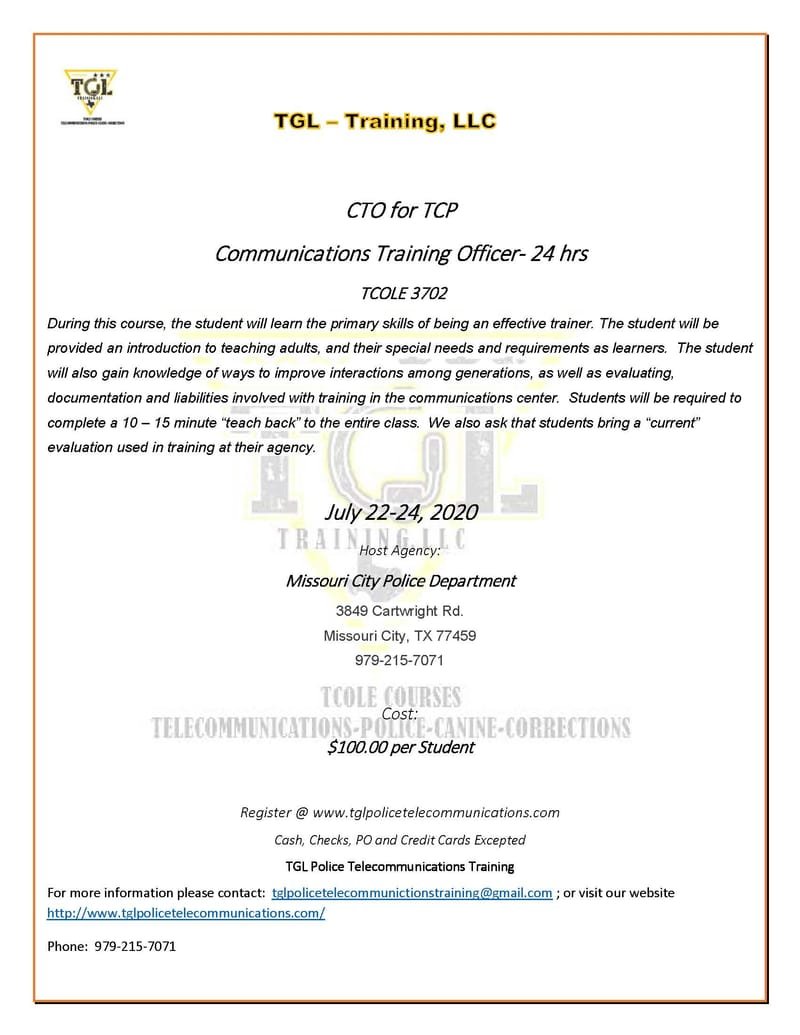 CTO for TCP - Communications Training Officer - TCOLE 3702 (MOCITY)