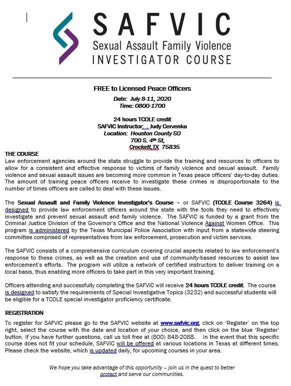 CANCELLED SAFVIC - Sexual Assault Family Violence Investigator Course - Free (Houston Co)