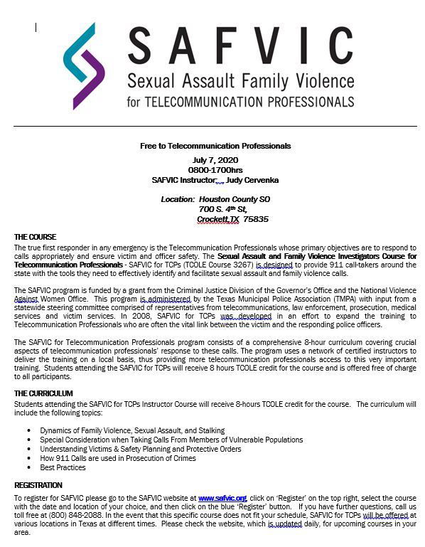 SAFVIC for TCP's (Sexual Assault and Family Violence) (Houston Co)