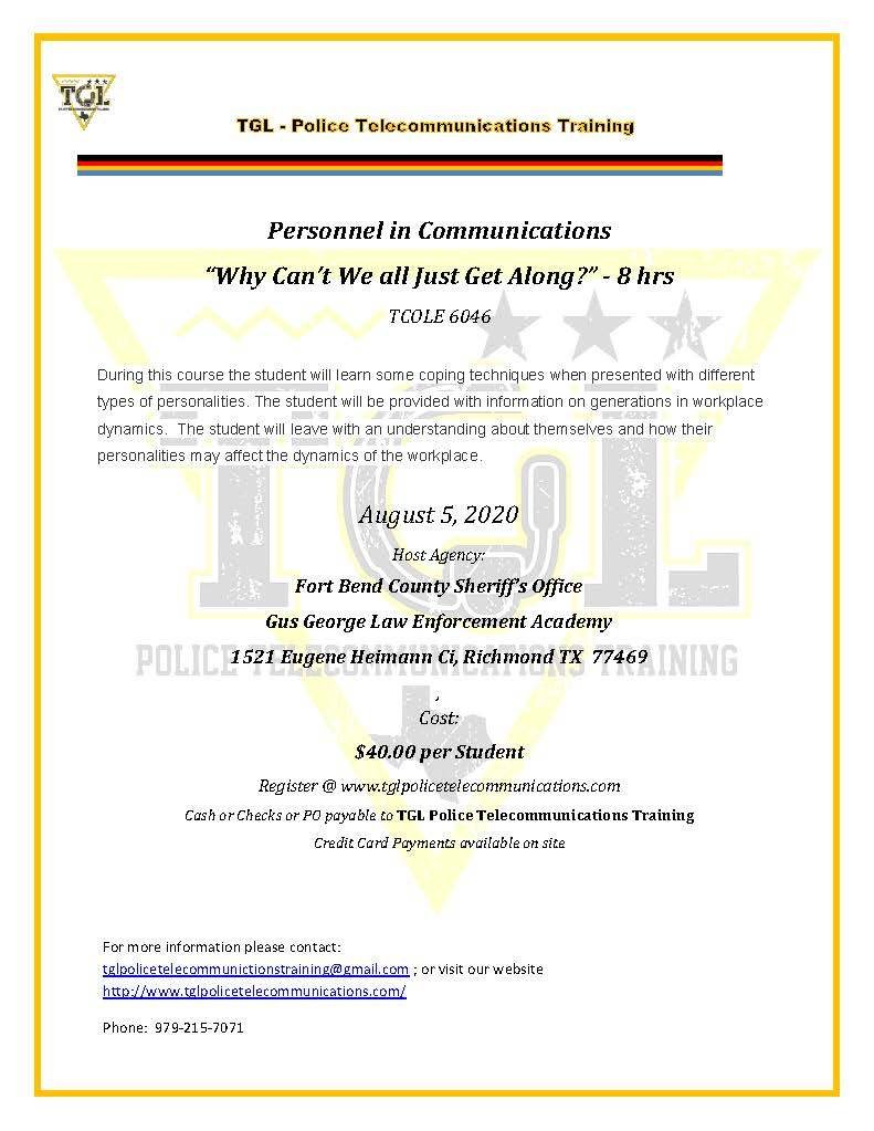 *CANCELLED* Pre Sch 08-05-20  Personnel in Communications "Why Can't We All Just Get Along?" 8 hrs TCOLE 6046  (RICHMOND)