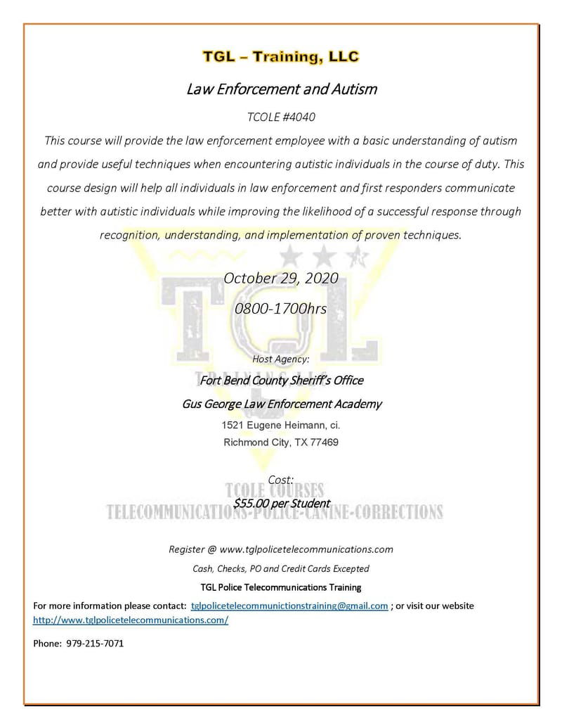 Canceled Previously Scheduled for 10-29-2010 Law Enforcement and Autism -TCOLE #4040