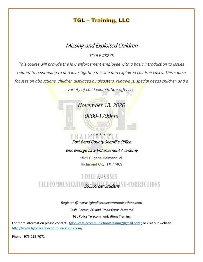 Cancelled Prev Scheduled for 11-19-20 11 Missing and Exploited Children - TCOLE 3275