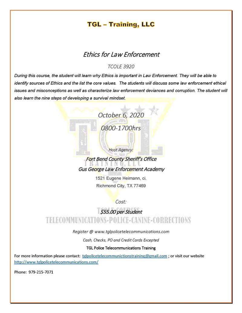 **Cancelled** Previous Scheduled 10-06-202010 Ethics for Law Enforcement - TCOLE # 3920
