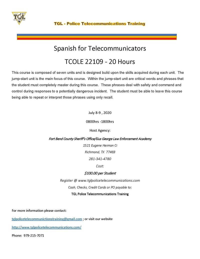 CANCELLED Spanish for Telecommunicators - TCOLE 22109 - 20 Hours (Richmond)