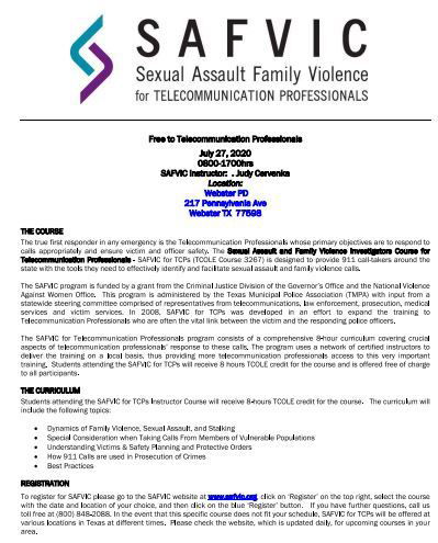 CANCELLED SAFVIC for TCP's (Sexual Assault and Family Violence) (Webster)