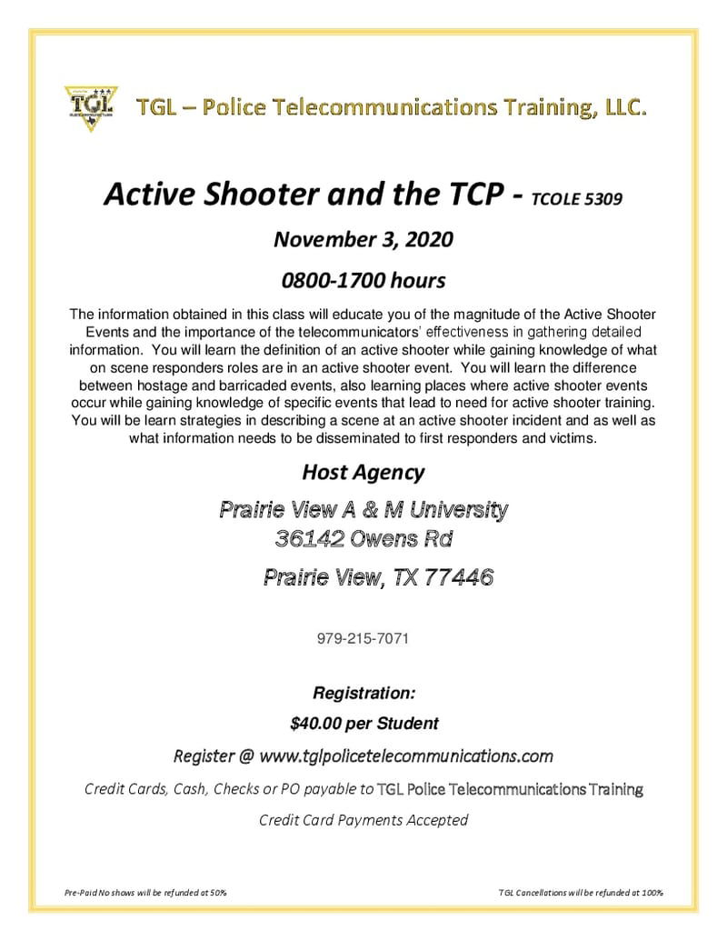 11 Active Shooter and the TCP - TCOLE 5309 (Prairie View)
