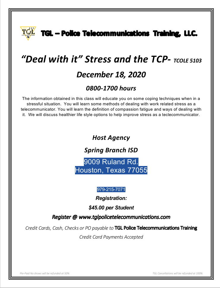 CANCELLED (Prev Sch 121820)  “Deal with It” Stress and the Telecommunicator 8 hrs TCOLE 5103 (SBISDPD)