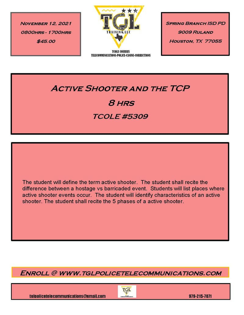 CANCELED 11 A Dynamic Response to Active Shooter Events TCOLE 5309 (SBISD)