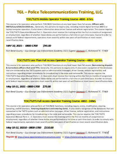 05 TCIC/TLETS Less Than Full Access Operator Training Course - TCOLE 4801 (Richmond)