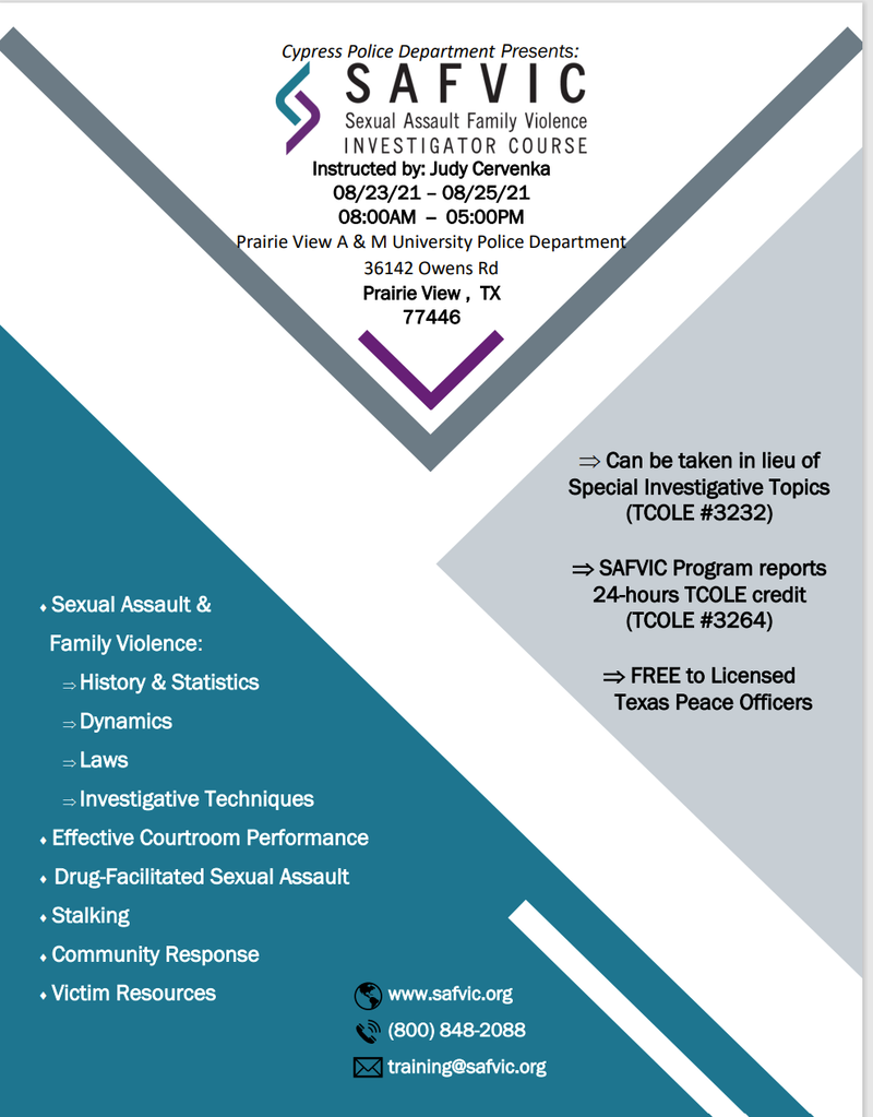 08 SAFVIC Sexual Assault and Family Violence Investigators Course (Prairie View)