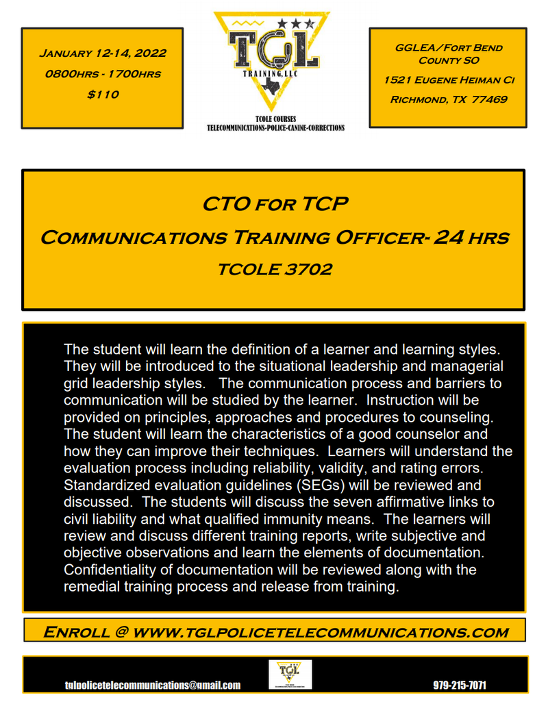 01 CTO for TCP - Communications Training Officer - TCOLE 3702 (Richmond)